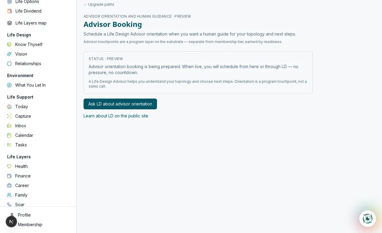 Life Design OS Advisor Booking screen with Ask LD about advisor orientation