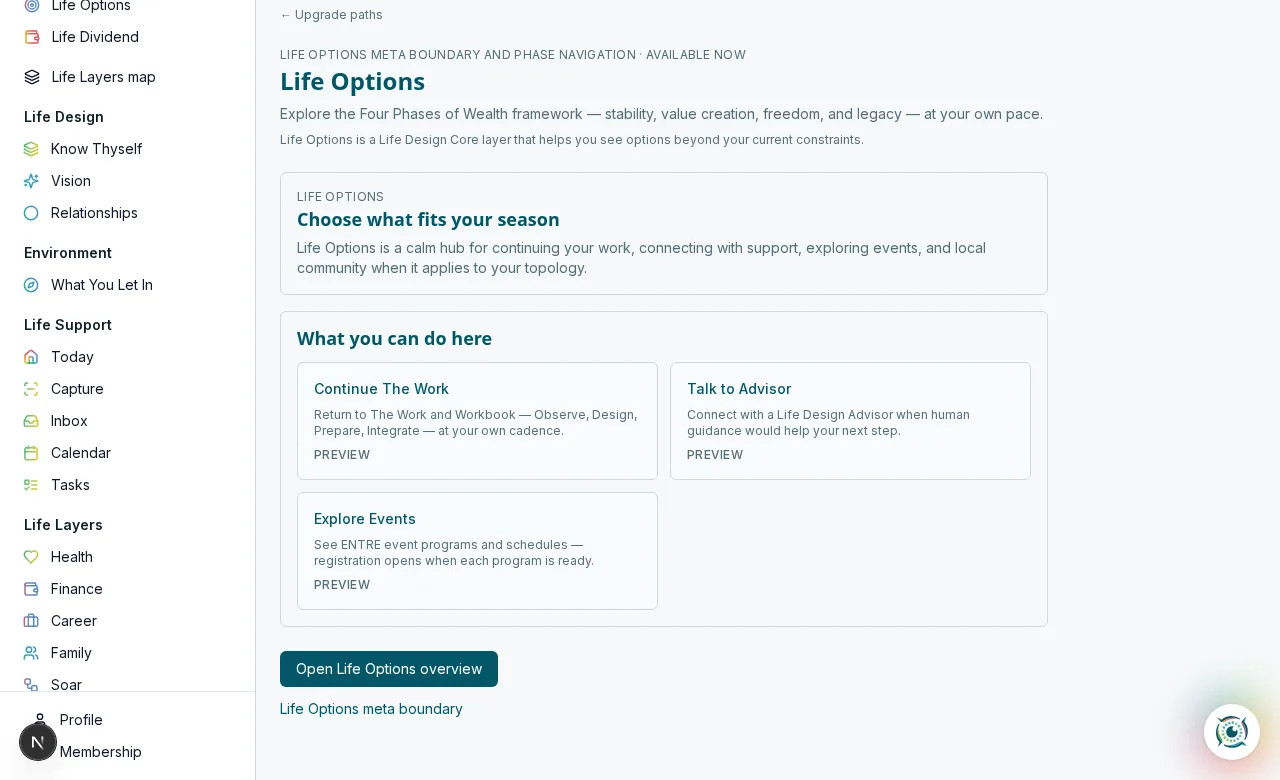 Life Design OS Life Options screen with Life Design, Life Support, and Life Layers navigation